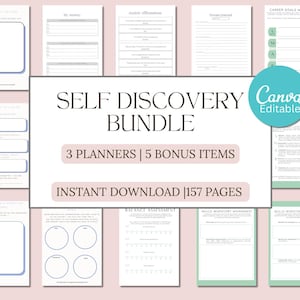 Self Discovery Workbook Bundle | 157 Pages Guided Journal Prompts, Trackers, Vision Board, Wall Art, Affirmation Cards Printable PDF