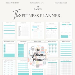May include: A fitness planner with 39 pages, available in A4 and A5 PDF sizes. The cover features the text "The Fitness Planner" in a stylish script font, surrounded by fitness-related illustrations. Pages include goal trackers and workout planners.