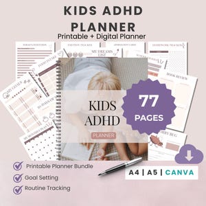 Planer ADHD dla dzieci do druku | Planer skupienia i rutyny | A4 A5 Canva Edytowalny PDF
