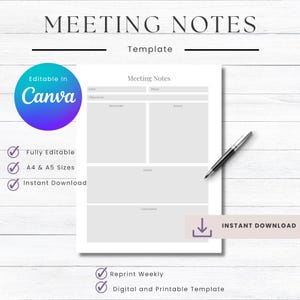 Professional Meeting Notes Template: Editable Canva Decision Log & Action Items Planner