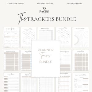 May include: A bundle of printable planner trackers with a minimalist design. The image shows various pages for habit, weight loss, reading, and gratitude tracking. The text on the image says "The Trackers Bundle" and "Planner Trackers Bundle".