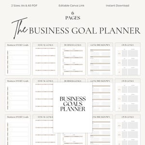 Puede incluir: Un planificador digital de objetivos empresariales con un diseño minimalista. El planificador incluye secciones para objetivos SMART, objetivos anuales y desglose de objetivos. El texto "The Business Goal Planner" se muestra en tipografía elegante. Disponible en tamaños A4 y A5 PDF.