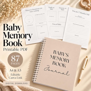 Può includere: Un diario dei ricordi per neonati con rilegatura a spirale, copertina beige e testo nero. Il set include pagine PDF stampabili con sezioni per tappe fondamentali, foto e note, insieme a una penna. Testo: Baby Memory Book, 87 Pages, A4 & A5.