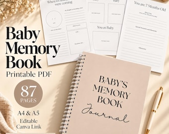 May include: A spiral-bound baby memory book journal with a beige cover and black text. The set includes printable PDF pages with sections for milestones, photos, and notes, alongside a pen. Text includes Baby Memory Book, 87 Pages, A4 & A5.