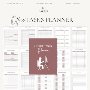 Könnte beinhalten: Ein digitaler Büroaufgabenplaner mit 19 Seiten, verfügbar in A4- und A5-PDF-Größen. Der Planer enthält Abschnitte für die tägliche, monatliche und jährliche Planung, Projektzeitpläne und Besprechungslisten. Das Cover zeigt den Text "Office Tasks Planner" und eine Illustration.