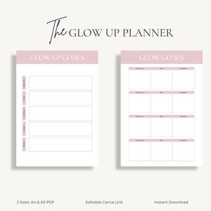 以下が含まれることがあります： 上部に「The Glow Up Planner」というテキストが入ったデジタルプランナー。プランナーはピンクと白の配色です。左ページは「Glow Up Goals」、右ページは「Glow Goals」と表示されています。