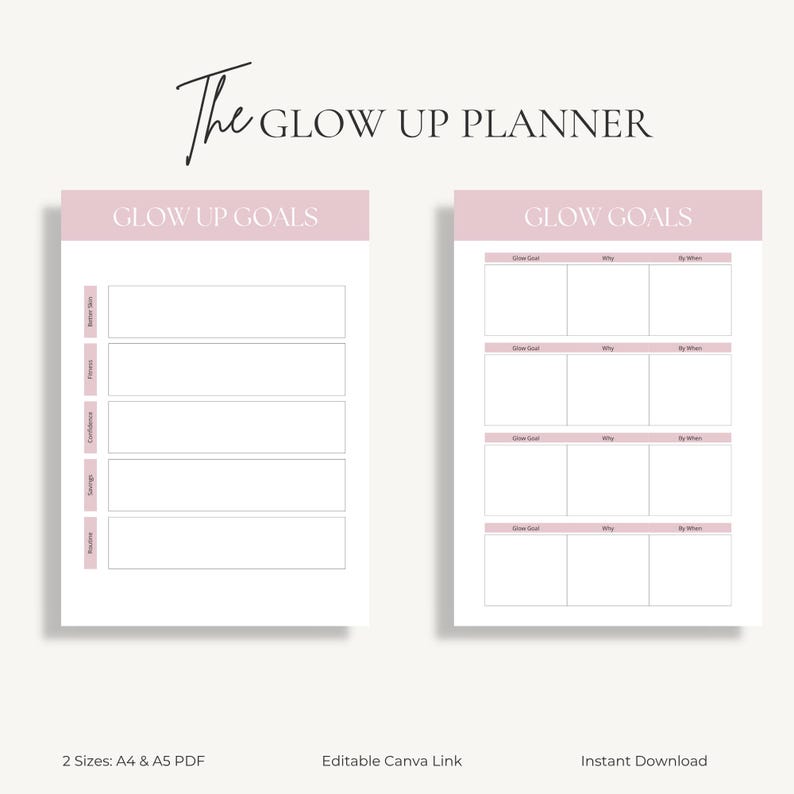 以下が含まれることがあります： 上部に「The Glow Up Planner」というテキストが入ったデジタルプランナー。プランナーはピンクと白の配色です。左ページは「Glow Up Goals」、右ページは「Glow Goals」と表示されています。