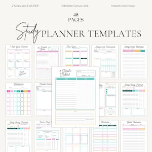 Puede incluir: Una colección de plantillas de planificador de estudio con varios diseños, incluyendo un calendario, un rastreador de objetivos y una hoja de trabajo de tareas. Las plantillas son en tonos de rosa, verde azulado y blanco, con el texto "Study Planner Templates" en la parte superior. La imagen también indica "48 páginas".