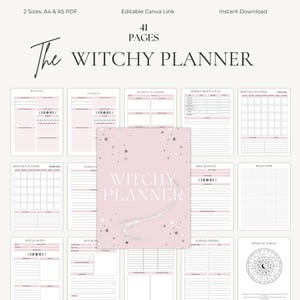 May include: A pink and white Witchy Planner with 41 pages, featuring sections for daily, weekly, and monthly planning, spell journals, and ritual notes. The cover has the text "Witchy Planner" with a shooting star design. Includes A4 and A5 PDF sizes.