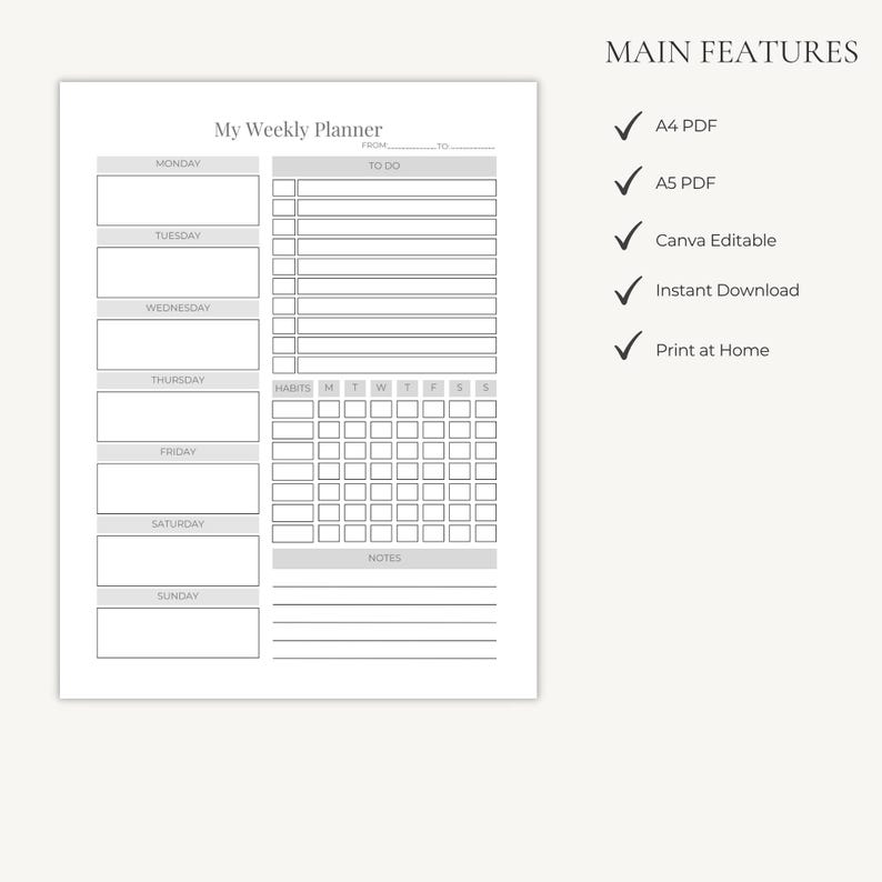 Weekly Productivity Planner Template | Printable PDF A4, A5 | Fully ...