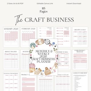 May include: A digital craft business planner with 115 pages, available in A4 and A5 PDF formats. The planner includes sections for budgeting, monthly calendars, and tracking creative goals. The cover features illustrations of yarn, scissors, and knitting needles.