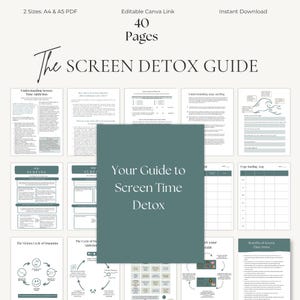 Könnte beinhalten: Ein 40-seitiger digitaler Screen-Detox-Leitfaden in den PDF-Formaten A4 und A5. Das Dokument enthält Textseiten, Diagramme und Protokolle mit Titeln wie The Screen Detox Guide, Understanding Screen Time Addiction und Urge Surfing Log.