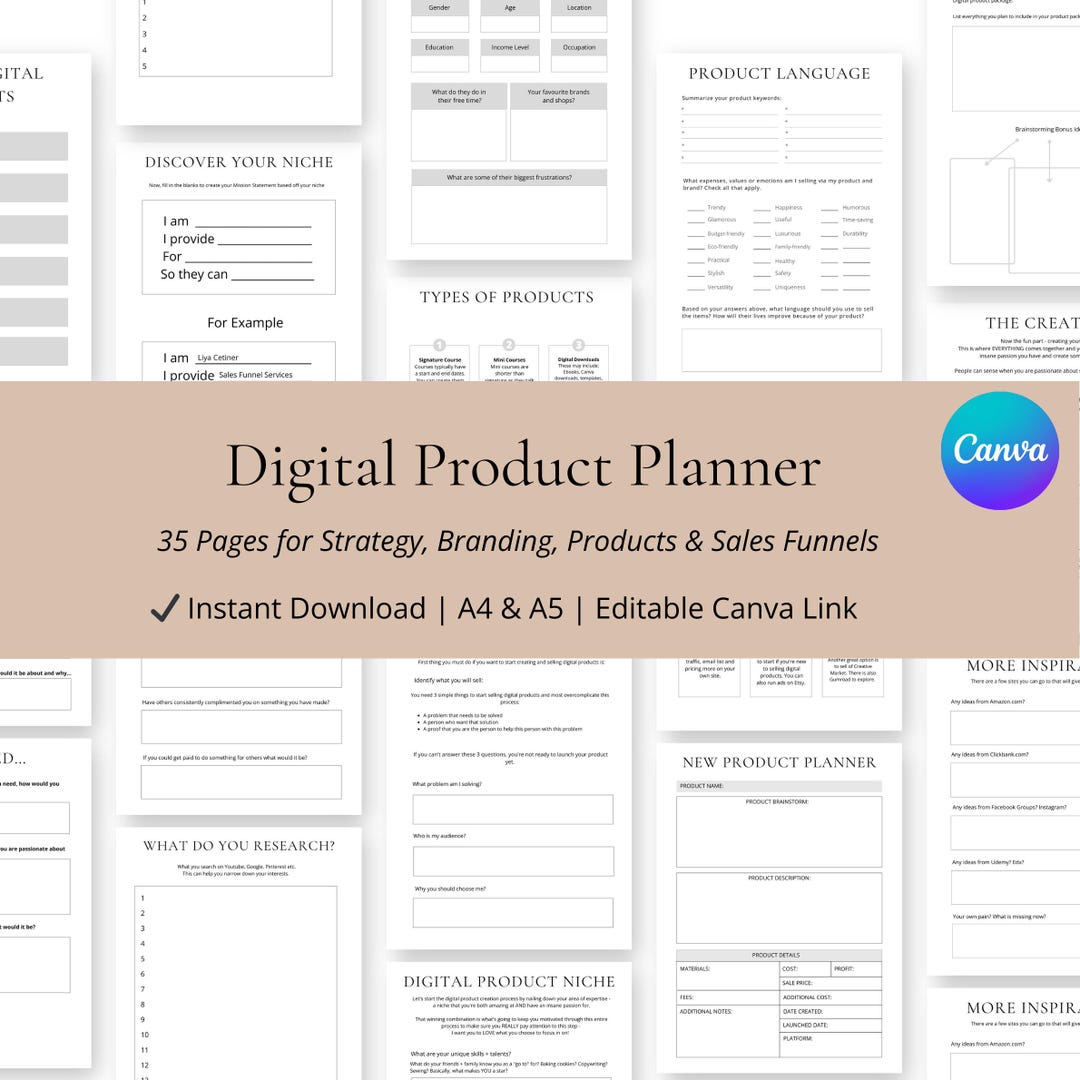 35-page Digital Product Planner | A4 & A5 PDF + Canva | Idea to Launch ...