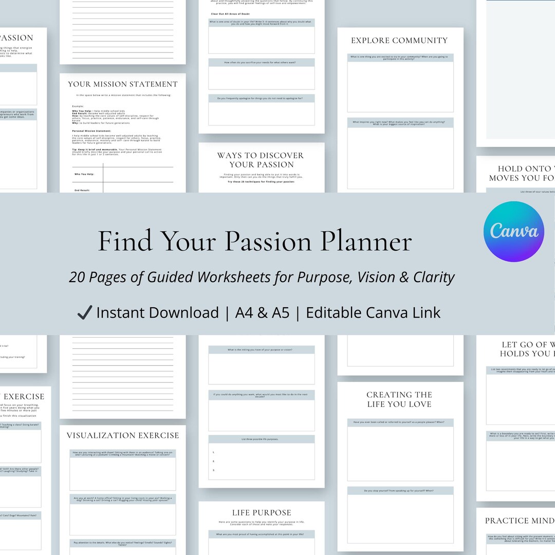 20 Page Find Your Passion Planner A4 A5 Canva Template | Printable Self ...