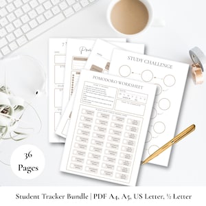 May include: A 36-page student tracker bundle featuring a Pomodoro worksheet with instructions and check boxes, a study challenge sheet with circular progress markers, and daily planning pages. The printed documents are white with black text.