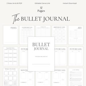 May include: A digital bullet journal with 37 pages, available in A4 and A5 PDF formats. The journal includes sections for index, password log, contact list, birthday list, and more. The text "The BULLET JOURNAL" is displayed prominently.