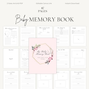 May include: A baby memory book with a pink cover featuring floral and gold geometric designs. The book includes 87 pages and is available in A4 and A5 PDF sizes. The text on the cover reads "My Baby's Memory Book: The First Five Years."