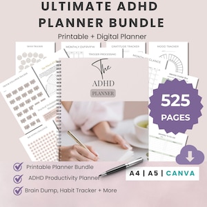 ADHD実行機能バンドル｜大人向け印刷可能プランニングシステム｜PDF A4 A5 Canva編集可能