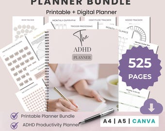 Ultimat ADHD-planeringspaket, utskrivbar PDF A4, A5, redigerbara Canva-länkar, direktnedladdning