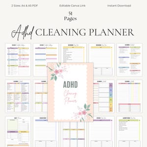 Pode incluir: Um planejador de limpeza digital para TDAH com 51 páginas, disponível nos tamanhos PDF A4 e A5. A capa apresenta o texto "ADHD Cleaning Planner" com detalhes florais. Inclui link Canva editável e download instantâneo.