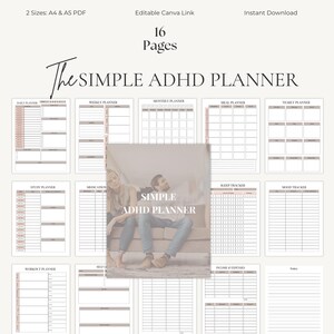 Könnte beinhalten: Ein digitaler Planer mit 16 Seiten, betitelt "The Simple ADHD Planner". Der Planer enthält Abschnitte für die tägliche, wöchentliche, monatliche und jährliche Planung sowie Studien-, Medikamenten- und Workout-Tracker. Das Cover zeigt ein Paar, das auf einem Sofa sitzt.