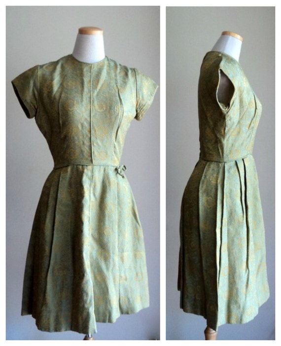 Vintage 1950's Dress // Olive Teal Brocade Cocktai