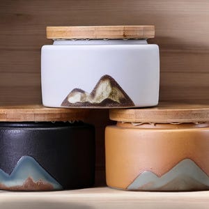Handmade Ceramic Tea Storage Jar with Bamboo Lid, Unique Airtight Canister for Tea, Coffee, Spices, Rustic Kitchen Decor Pottery