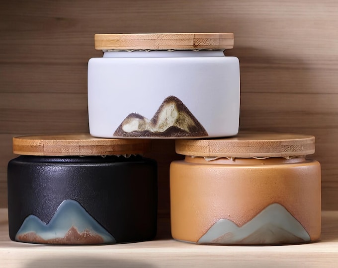 Handmade Ceramic Tea Storage Jar with Bamboo Lid, Unique Airtight Canister for Tea, Coffee, Spices, Rustic Kitchen Decor Pottery