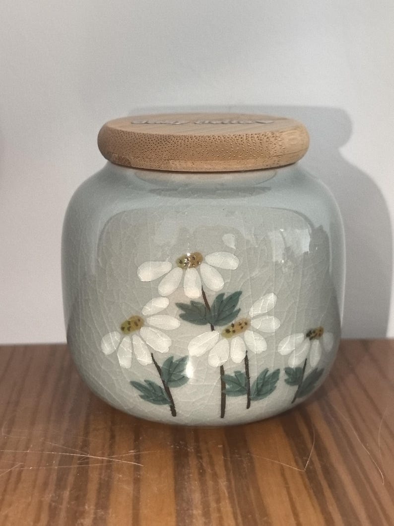 May include: A ceramic jar with a light blue glaze and a wooden lid. The jar is decorated with white flowers and green leaves.