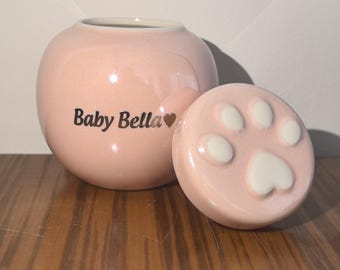 Custom Pink Ceramic Pet Memorial Urn with Paw Print Lid - Personalized Keepsake for Ashes, Fur, or Mementos - Airtight & Moisture-Resistant
