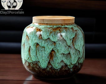 Custom Ceramic Pet Urn with Bamboo Lid, Handmade Memorial Jar for Ashes, Unique Crackle Glaze Keepsake for Dogs, Cats, Pet Memorial Gift