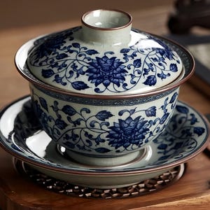 Könnte beinhalten: Ein weißes Porzellan-Teekannen-Set mit blau-weißem Blumenmuster. Der Deckel der Teekanne hat einen kupfernen Rand.