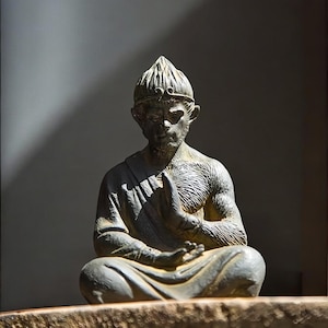 May include: A gray stone statue of a monkey in a meditative pose, wearing a crown and sitting on a stone base.