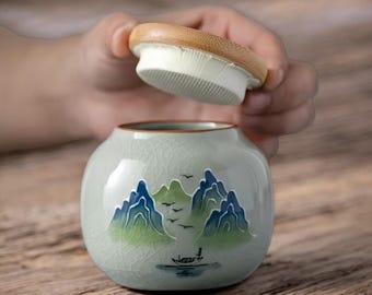 Unique China Porcelain Decor, Oriental Tea Set Gift, Handcrafted Oriental Ceramic Tea Caddy with Crackle Glaze - Elegant Mountain Design,
