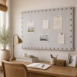Fabric Bulletin Board – Coastal Blue Ticking Stripe Pin Board | Kitchen Command Center | Neutral Wall Organizer