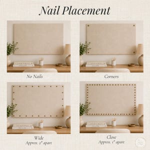 The image is a collage of four different nail placement styles, each with a corresponding description. The first style is "No Nails", the second style is "Corner", the third style is "Wide Approx. 2" apart", and the fourth style is "Close Approx. 1" apart.
