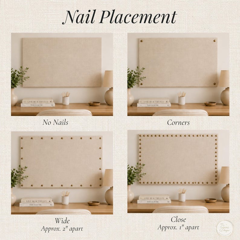The image is a collage of four different nail placement styles, each with a corresponding description. The first style is "No Nails", the second style is "Corner", the third style is "Wide Approx. 2" apart", and the fourth style is "Close Approx. 1" apart.