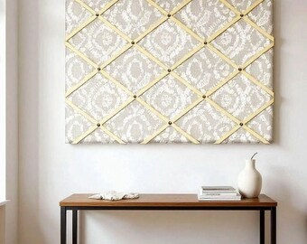 Damask Fabric Bulletin Board, Handcrafted Neutral Pinboard | Ribbon Photo Display | Custom Sizes