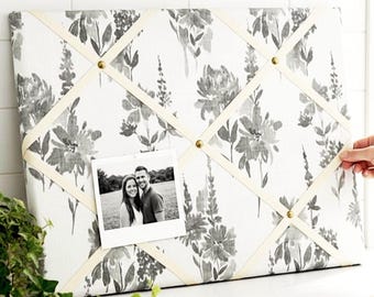 Garden Floral Memo Board, Slub Cotton Fabric | Neutral Palette | Handmade Wood Frame