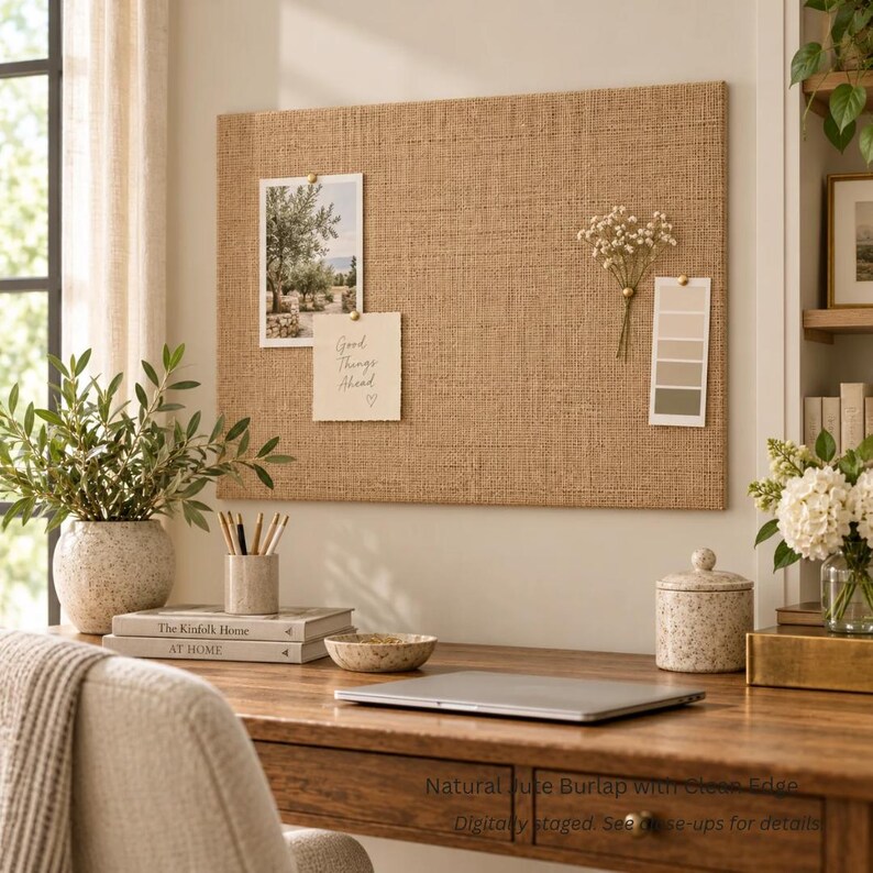 a wooden desk with a laptop, a vase of flowers, and a bulletin board with notes and pictures. The desk is situated near a window, and there are books and other decorative items on the desk.