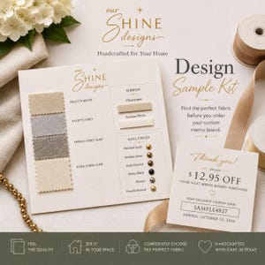 Puede incluir: Un kit de muestras de diseño para tableros de notas con muestras de tela en beige, gris, gris francés y lino crudo. Incluye muestras de cinta en champán y blanco antiguo, además de acabados de clavos en oro, latón, negro, peltre y natural.