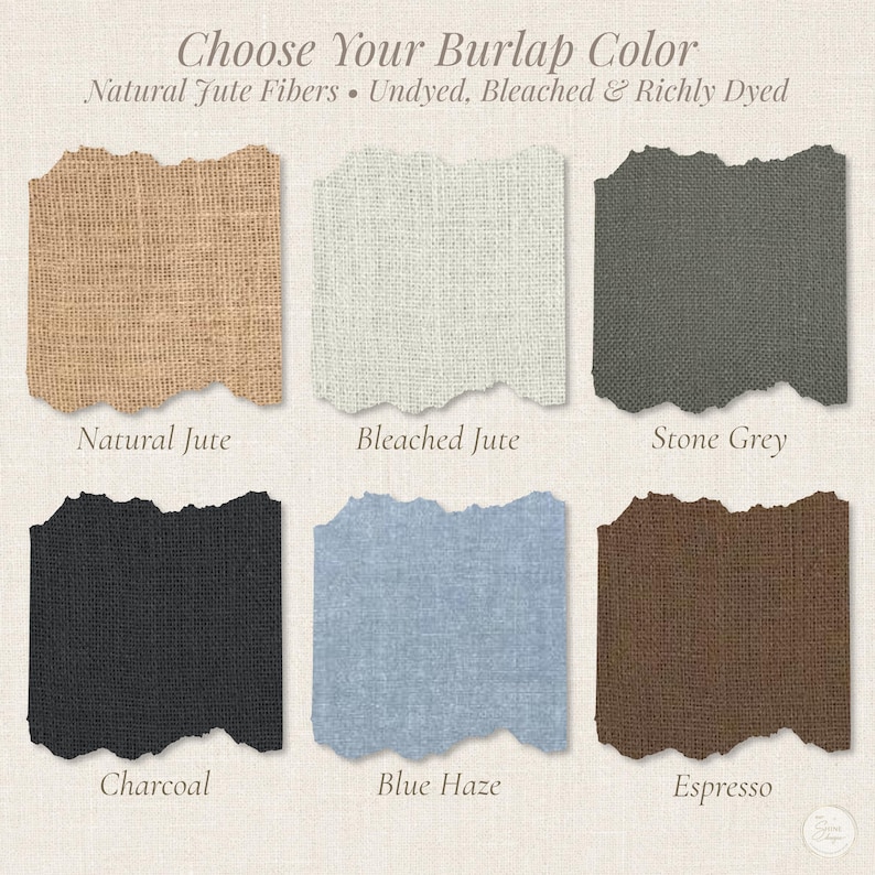 six different fabric swatches, each representing a different burlap color: Natural jute, Bleached jute, Stone Grey, Charcoal, Blue Haze, and Espresso.