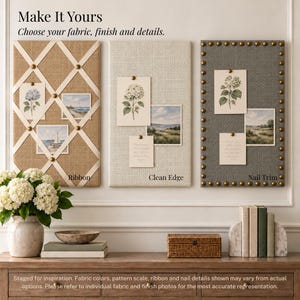 a wall with three fabric-covered bulletin boards, each with different patterns and designs. The bulletin boards are arranged in a row, and there are also some books and a vase on a shelf below them. The text above the bulletin boards reads "Make It Yours" and "Choose your fabric, finish and details." The image is a collage of individual fabric and ribbon photos, and the text below the image advises to refer to individual fabric and ribbon photos for the most accurate representation.