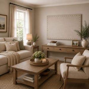 Puede incluir: Un tablón de anuncios rectangular de tela beige con adornos de tachuelas montado en una pared sobre una mesa consola de madera. La habitación cuenta con un sofá beige con cojines texturizados, una mesa de centro de madera y un sillón.