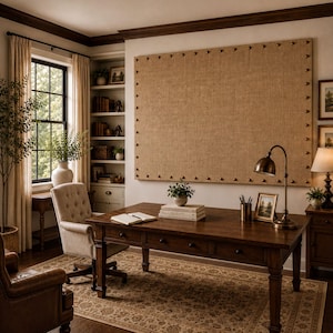 a cozy and well-organized home office with a large wooden desk, comfortable chair, and various decorative elements such as a large burlap board, potted plants, and bookshelves.