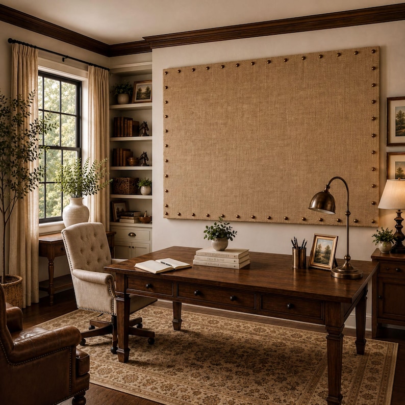a cozy and well-organized home office with a large wooden desk, comfortable chair, and various decorative elements such as a large burlap board, potted plants, and bookshelves.