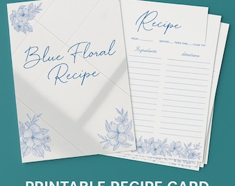 Blue Floral Recipe Card | Canva Template | Printable Recipe Page | Kitchen Binder Insert | Aesthetic Recipe Sheet | Instant Download