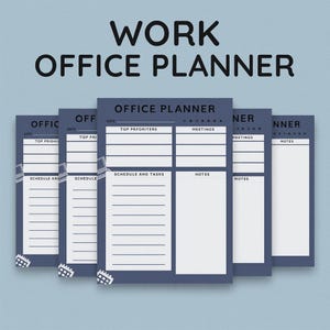May include: A stack of navy blue office planners with white lined sections for scheduling and notes. The words "WORK OFFICE PLANNER" are at the top. Each planner has a small illustration of a computer and keyboard.