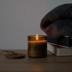 vanilla soy candle in a upcycled wine bottle, aroma #5 (essential oils of orange, vanilla, lavender)
