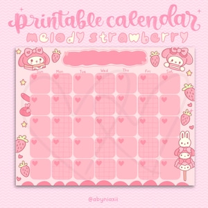 Afdrukbare kalender Pastel Strawberry Bunny, kawaiiroze (pdf, jpg, png)